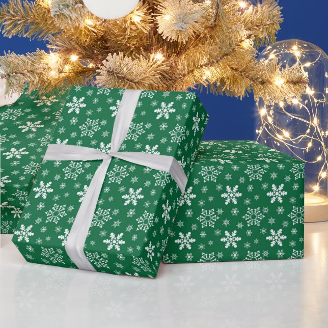 Green White Snowflakes Holiday Festive Christmas Wrapping Paper (Holidays)