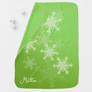 Green White Snowflakes Minimalist Christmas Name Baby Blanket