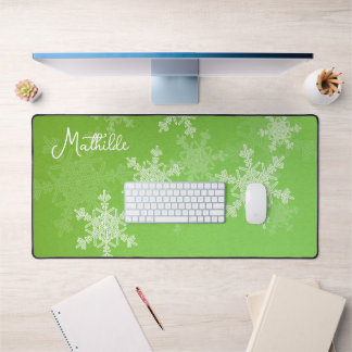 Green White Snowflakes Minimalist Christmas Name Desk Mat