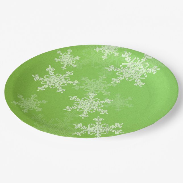Green White Snowflakes Minimalist Christmas Name Paper Plates (Angled)