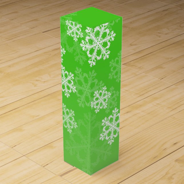 Green White Snowflakes Minimalist Christmas Wine Box (Front)