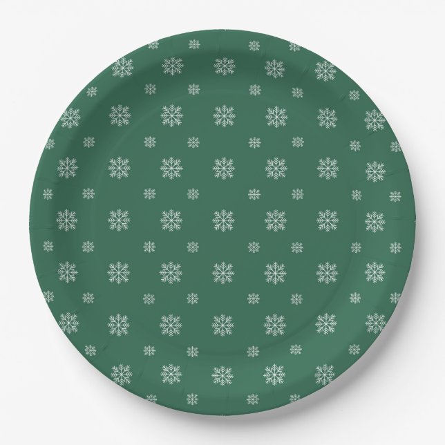 Green & White Snowflakes Simple Modern Christmas  Paper Plates (Front)