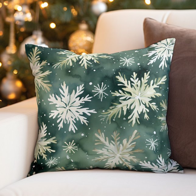 Green White Snowflakes Winter Christmas Holiday Throw Pillow (Green and white snowflakes Christmas/holiday decorator pillow)