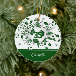 Green white soccer balls stars commemorative year ceramic ornament