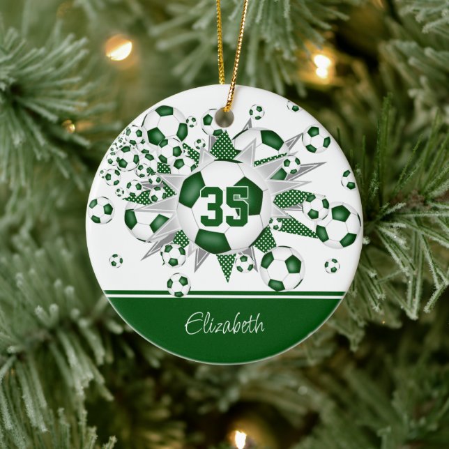 Green white soccer balls stars commemorative year ceramic ornament (Tree)