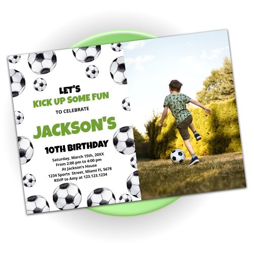 Green White Soccer Birthday With Photo Invitation