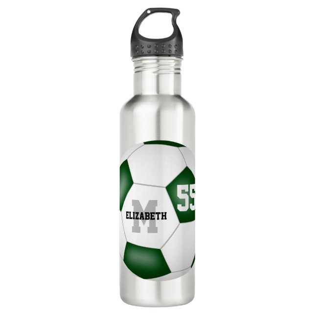 green white soccer girl boy school team colors stainless steel water bottle (Front)