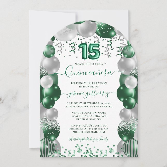 Green White Sparkle Quinceañera Balloon Invitation (Front)
