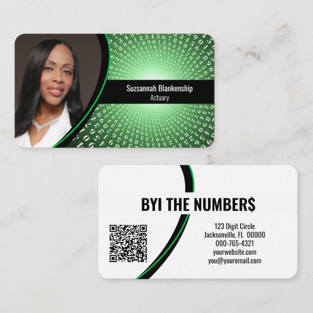 Green White Spiral Numbers Custom Photo QR Code Business Card (Front/Back)