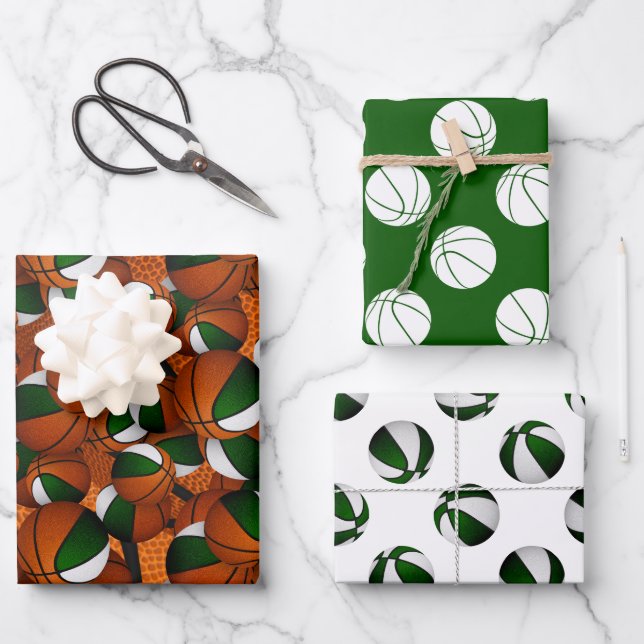 green white sports basketballs pattern gift wrapping paper sheets (Front)