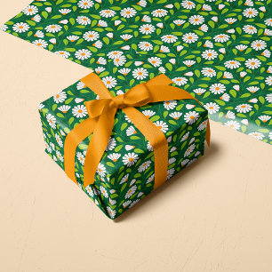 Green & White Spring Daisies & Vine Pattern Wrapping Paper
