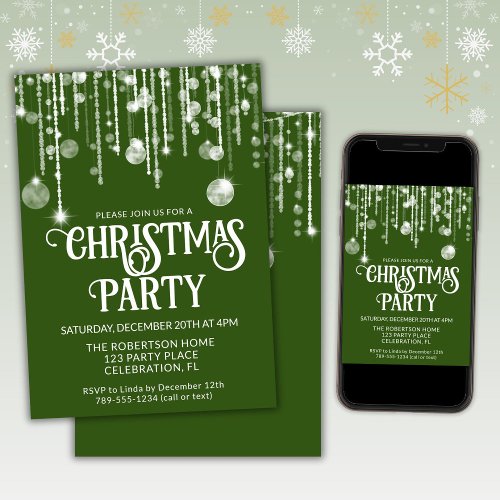 Green White String Lights Christmas Holiday Party  Invitation