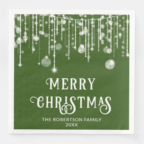 Green White String Lights Christmas Party Paper Dinner Napkins