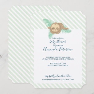 Green & White Stripe Baby Sloth Baby Shower Invitation