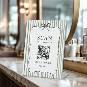 Green White Stripe Vintage Bow QR Code Menu Sign