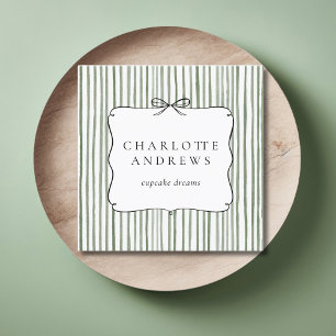 Green White Stripe Vintage Bow Square Business Card