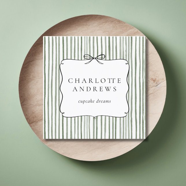 Green White Stripe Vintage Bow  Square Business Card (Green White Stripe Vintage Bow Square Business Card)