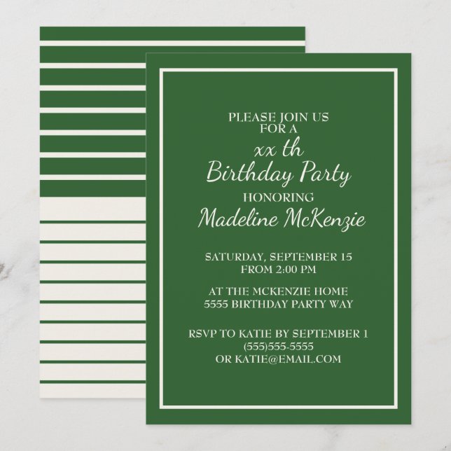 Green White Striped Birthday Party Invite (Front/Back)