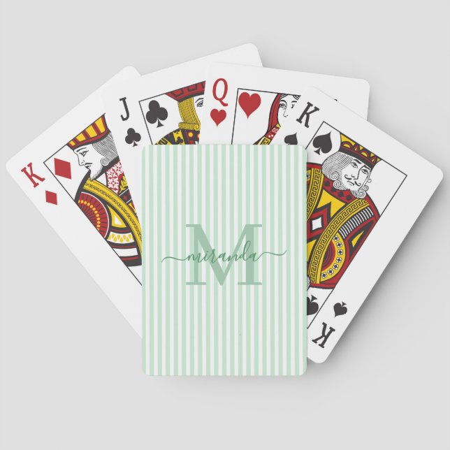 Green & White Striped Monogram Name Poker Cards (Back)