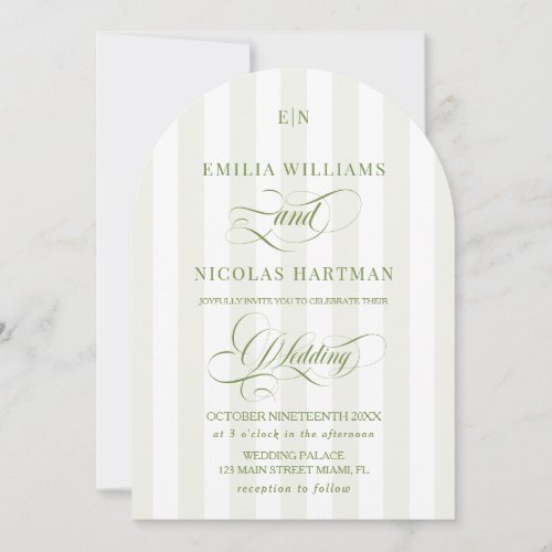 Green White Striped Monogram Wedding Invitation