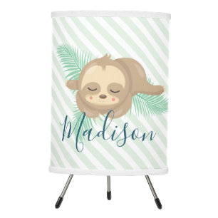 Green & White Striped Sleepy Baby Sloth Nursery Tripod Lamp