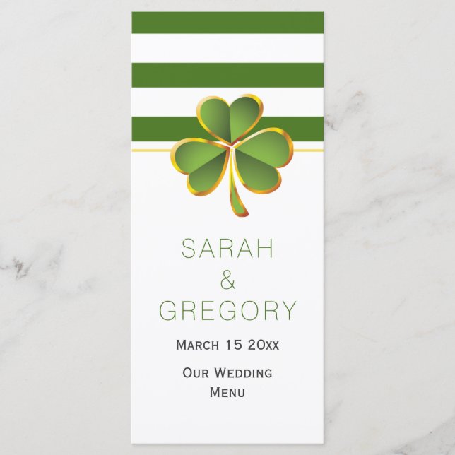 Green white stripes clover Irish wedding menu card (Front)