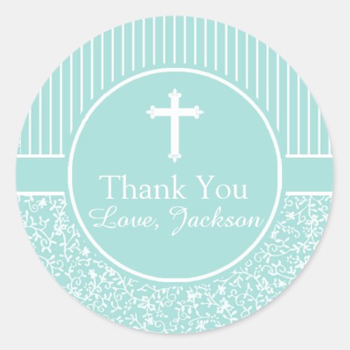 Green White Stripes Floral Cross Thank You Boy Classic Round Sticker