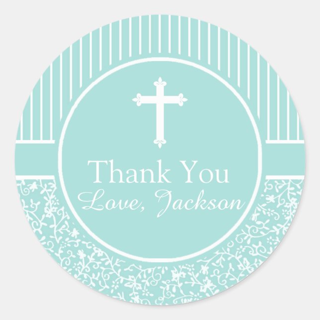 Green White Stripes Floral Cross Thank You Boy Classic Round Sticker (Front)