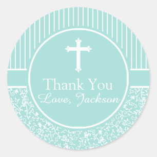 Green White Stripes Floral Cross Thank You Boy Classic Round Sticker