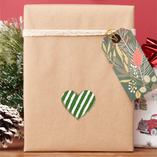 Green White Stripes Glitter Heart Sticker (Holiday)