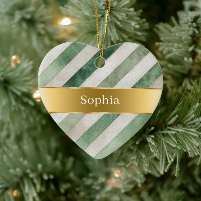 Green White Stripes Gold Ribbon Christmas Ceramic Ornament (Tree)