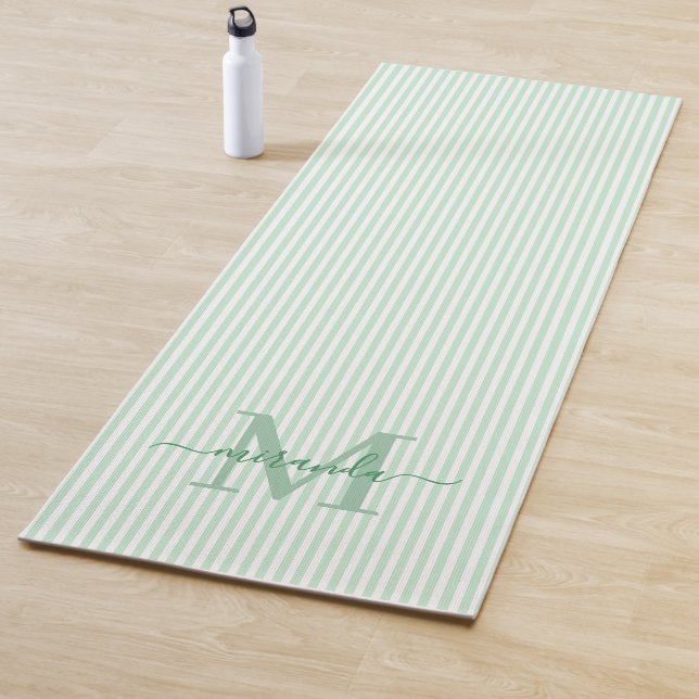 Green & White Stripes Monogram Name Yoga Mat (In Situ)