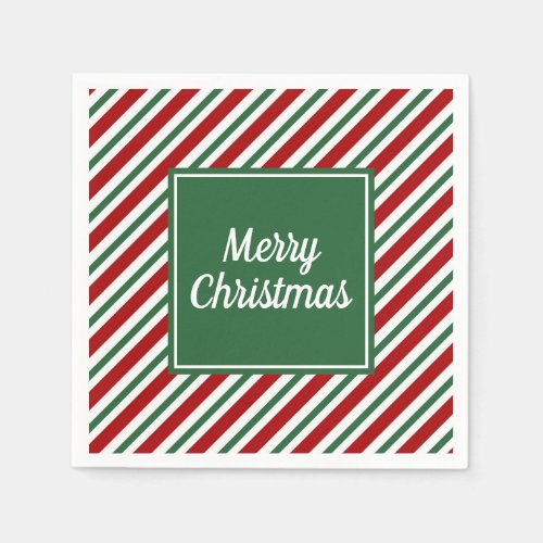 Green White Stripes Pattern Merry Christmas Napkins