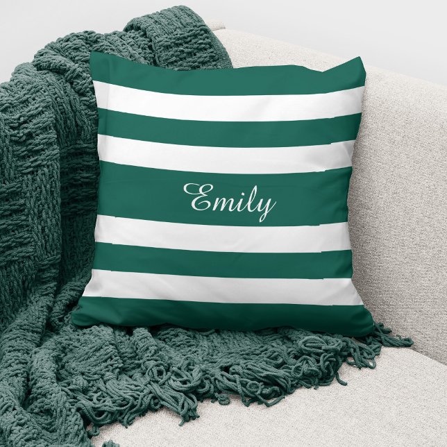 Green & White Stripes Pattern Name Monogram  Throw Pillow (Creator Uploaded)
