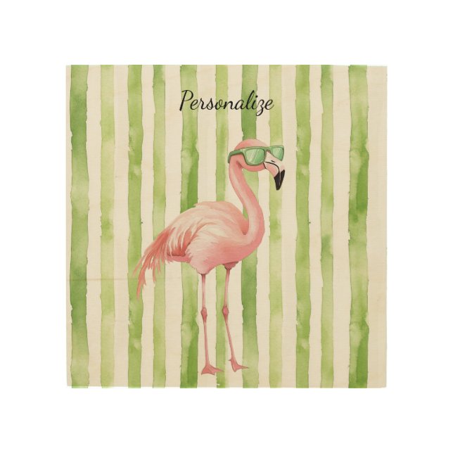 Green White Stripes Pink Flamingo Beach Birthday Wood Wall Art (Front)