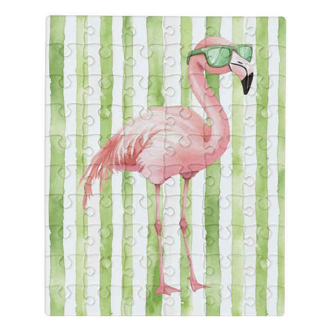 Green White Stripes Pink Flamingo Beach   Jigsaw Puzzle (Puzzle Vertical)