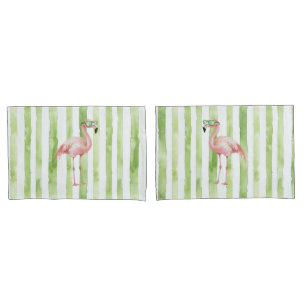 Green White Stripes Pink Flamingo Beach Pillow Case