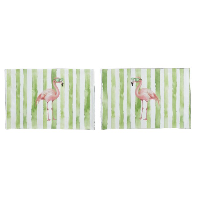 Green White Stripes Pink Flamingo Beach  Pillow Case (Front-Set)