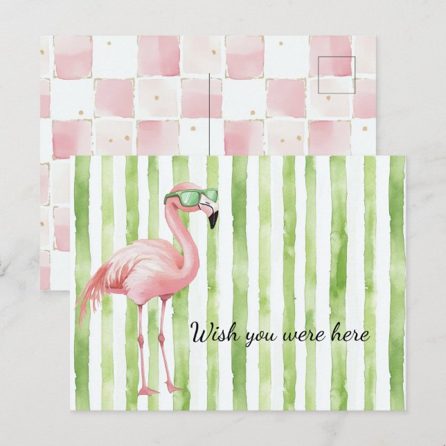 Green White Stripes Pink Flamingo Beach   Postcard (Front/Back)