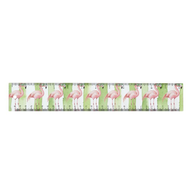 Green White Stripes Pink Flamingo Beach  Ruler (Front)