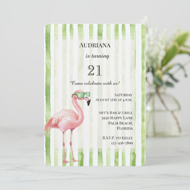 Green White Stripes Pink Flamingo Birthday Invitation (Standing Front)
