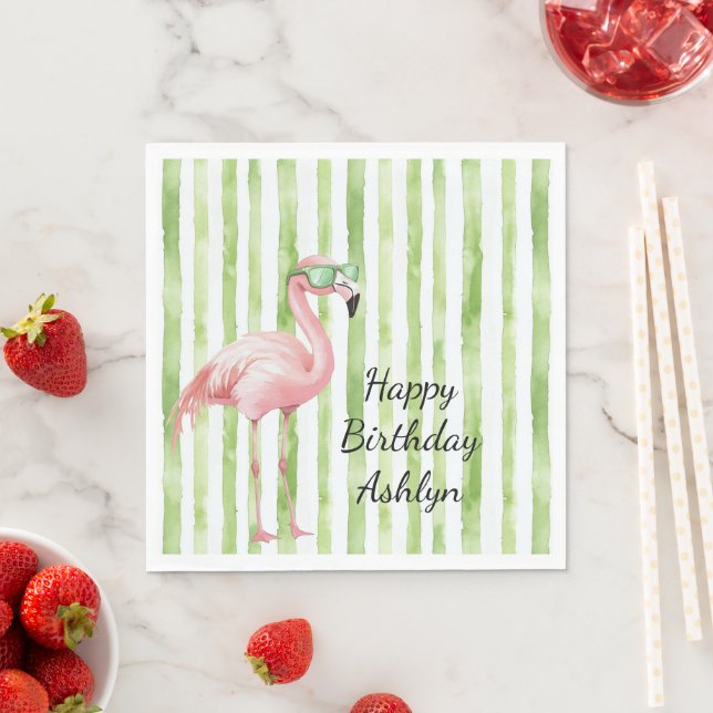 Green White Stripes Pink Flamingo Birthday Napkins (Insitu)