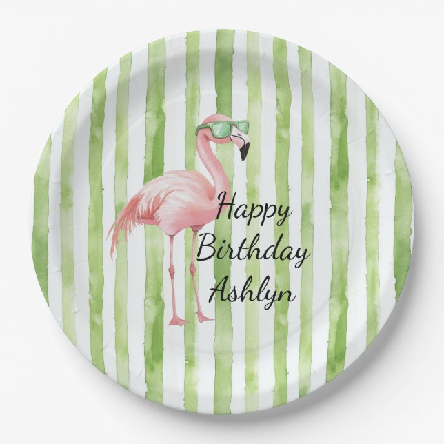 Green White Stripes Pink Flamingo Birthday Paper Plates (Front)