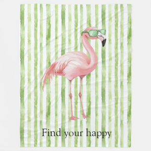 Green White Stripes Pink Flamingo Fleece Blanket
