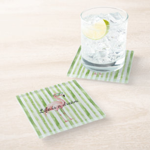 Green White Stripes Pink Flamingo Glass Coaster