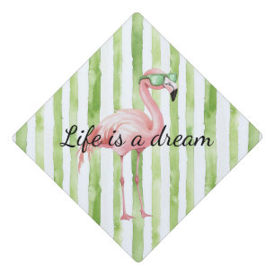 Green White Stripes Pink Flamingo Graduation Cap Topper
