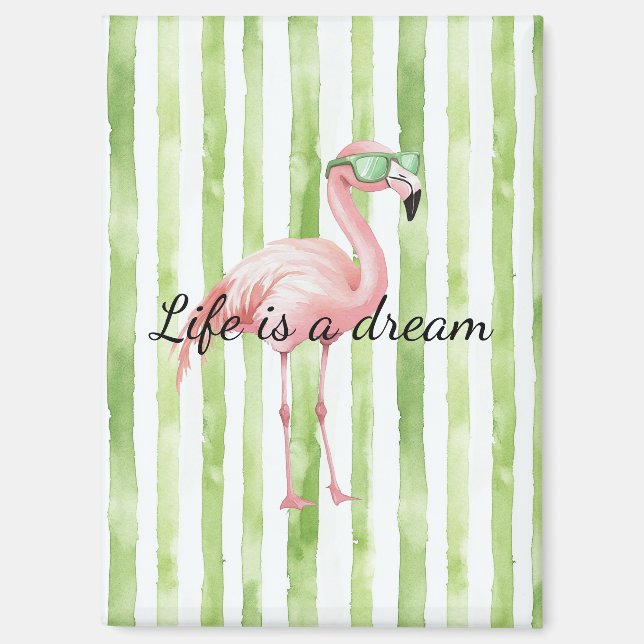 Green White Stripes Pink Flamingo Magnet (Front)