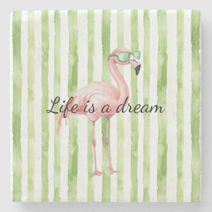 Green White Stripes Pink Flamingo Stone Coaster