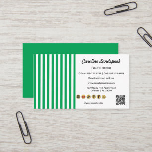 Green White Stripes & QR Code & Social Media Icon Business Card