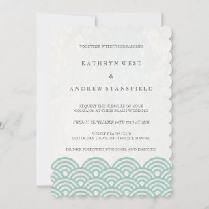 Green + White Stylized Waves Elegant Beach Wedding Invitation